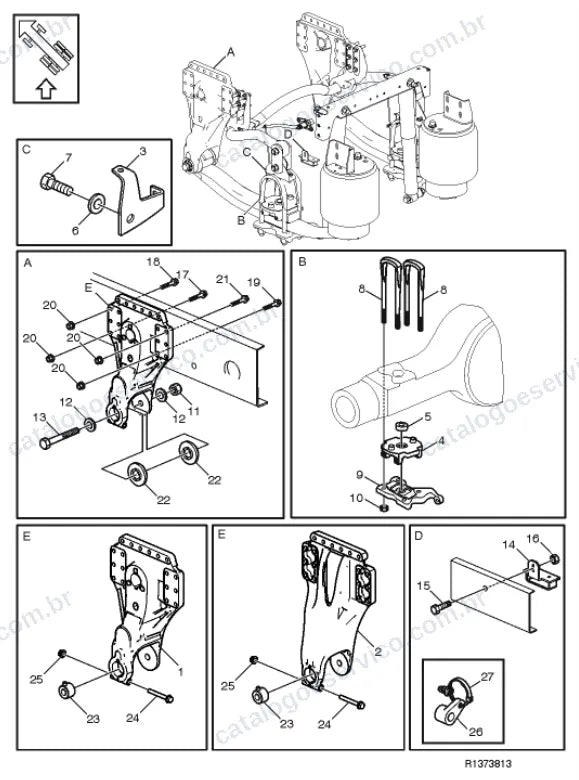 Vista explodida – suspensão das rodas e direção – Catálogo de Peças Volvo FE3 250