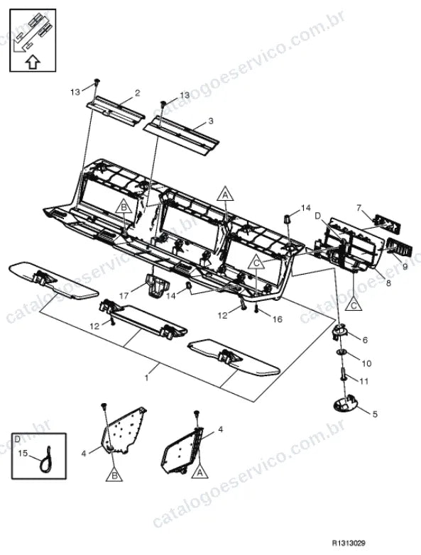 Vista explodida – carroceria, cabina e interior – Catálogo de Peças Volvo FE3 250
