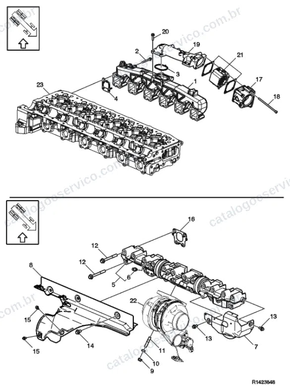 Vista explodida – motor com suporte ou coxim e equipamento – Catálogo de Peças Volvo FE3 350