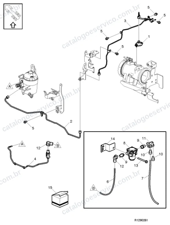 Vista explodida – motor com suporte ou coxim e equipamento – Catálogo de Peças Volvo FE8 62R (FE3)