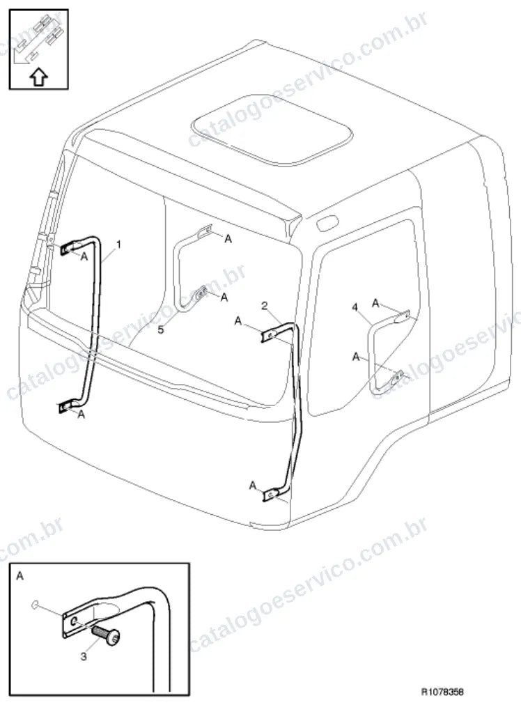 Vista explodida – carroceria, cabina e interior – Catálogo de Peças Volvo FE8 62R (FE3)