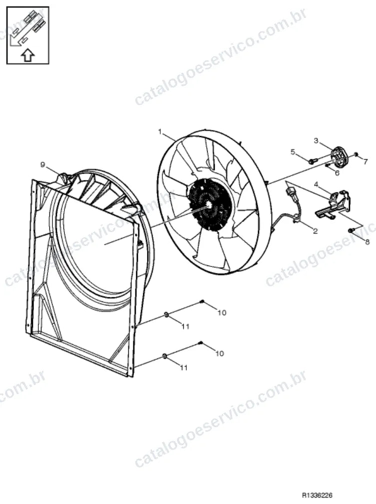 Vista explodida – motor com suporte ou coxim e equipamento – Catálogo de Peças Volvo FEC 42R (FE3)