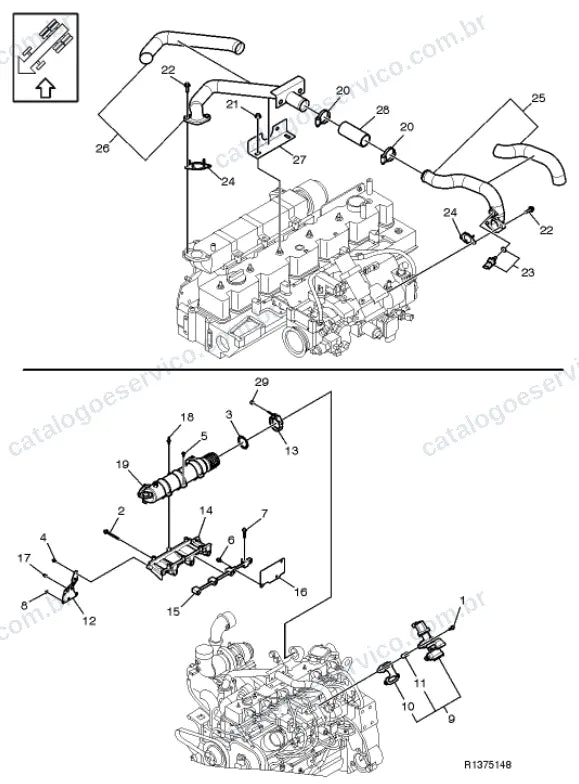 Vista explodida – motor com suporte ou coxim e equipamento – Catálogo de Peças Volvo FEC 62R (FE3)