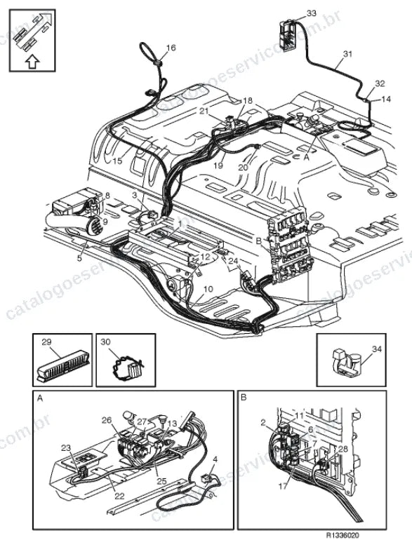 Vista explodida – sistema elétrico, iluminação e instrumentos – Catálogo de Peças Volvo FEC 62R (FE3)