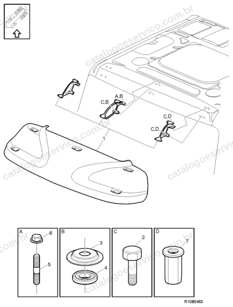 Vista explodida – carroceria, cabina e interior – Catálogo de Peças Volvo FEC 62R (FE3)