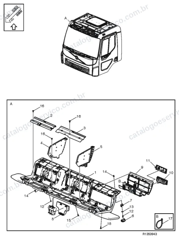 Vista explodida – carroceria, cabina e interior – Catálogo de Peças Volvo FEE3 225