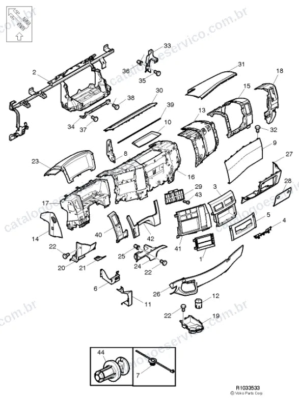 Vista explodida – carroceria, cabina e interior – Catálogo de Peças Volvo FEE7 64R