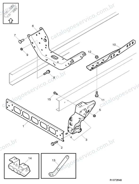 Vista explodida – quadro, molas, amortecedores e rodas – Catálogo de Peças Volvo FES7 42T