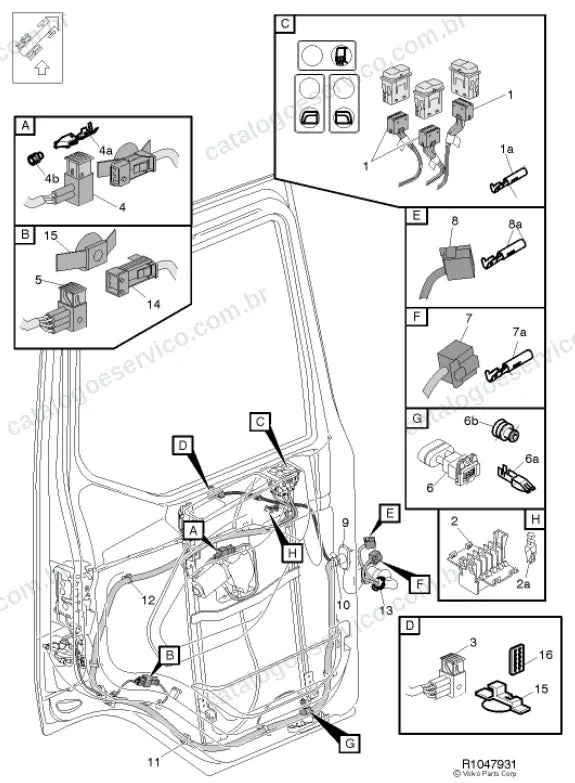 Vista explodida – sistema elétrico, iluminação e instrumentos – Catálogo de Peças Volvo FES7 62R