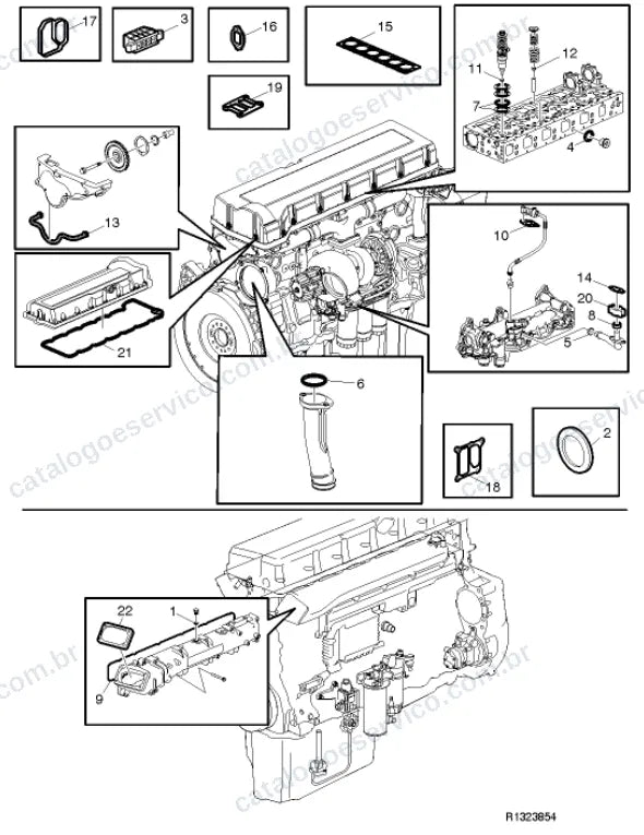 Vista explodida – motor com suporte ou coxim e equipamento – Catálogo de Peças Volvo FH 440