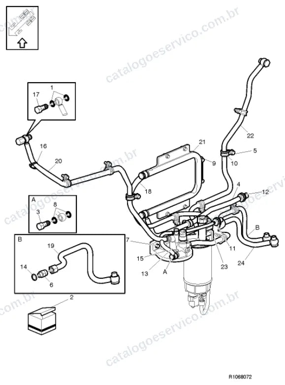 Vista explodida – motor com suporte ou coxim e equipamento – Catálogo de Peças Volvo FH 520