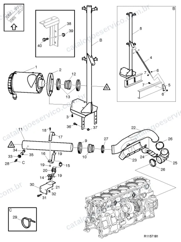 Vista explodida – motor com suporte ou coxim e equipamento – Catálogo de Peças Volvo FH 550