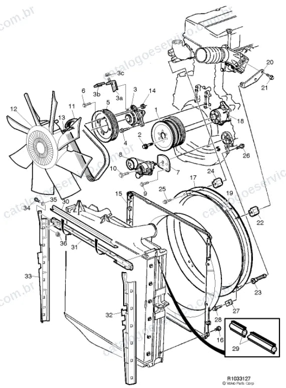 Vista explodida – motor com suporte ou coxim e equipamento – Catálogo de Peças Volvo FH13 82R