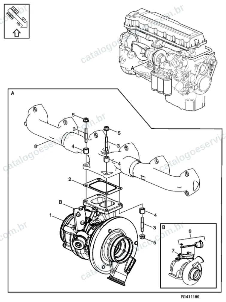 Vista explodida – motor com suporte ou coxim e equipamento – Catálogo de Peças Volvo FH13A82T (FH4)