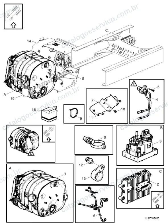 Vista explodida – motor com suporte ou coxim e equipamento – Catálogo de Peças Volvo FH16A84R (FH4)