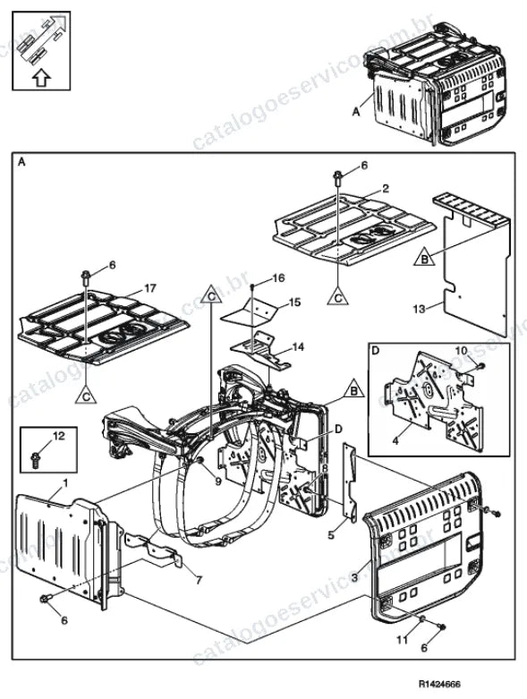 Vista explodida – motor com suporte ou coxim e equipamento – Catálogo de Peças Volvo FH4 460