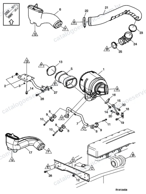 Vista explodida – motor com suporte ou coxim e equipamento – Catálogo de Peças Volvo FH4 480