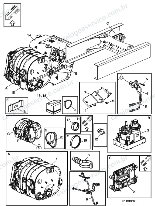 Vista explodida – motor com suporte ou coxim e equipamento – Catálogo de Peças Volvo FH4 550