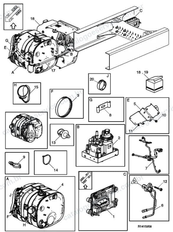 Vista explodida – motor com suporte ou coxim e equipamento – Catálogo de Peças Volvo FH4 650