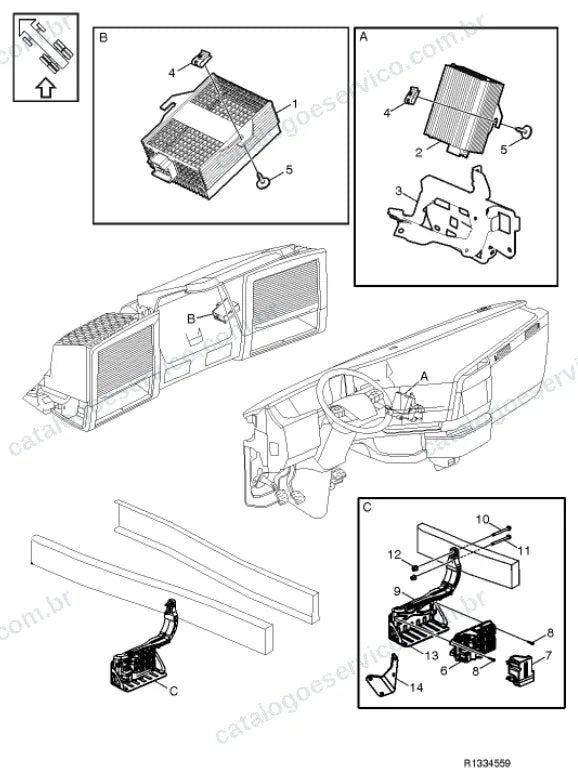 Vista explodida – sistema elétrico, iluminação e instrumentos – Catálogo de Peças Volvo FHL3A42R (FH4)