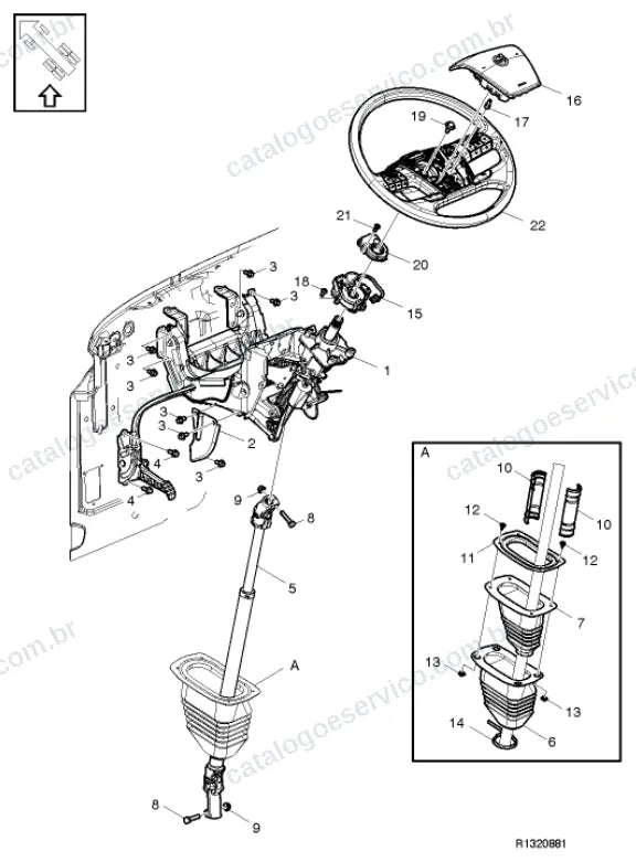 Vista explodida – suspensão das rodas e direção – Catálogo de Peças Volvo FHL3A64R (FH4)
