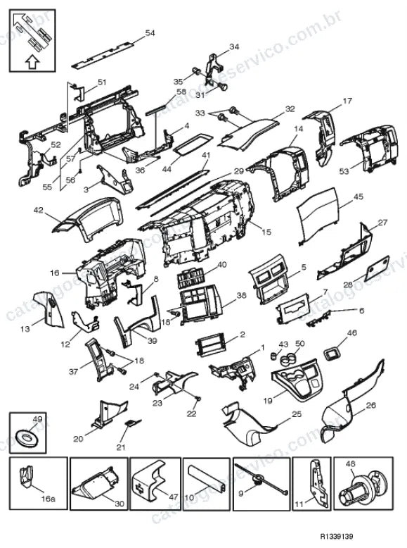 Vista explodida – carroceria, cabina e interior – Catálogo de Peças Volvo FL 240