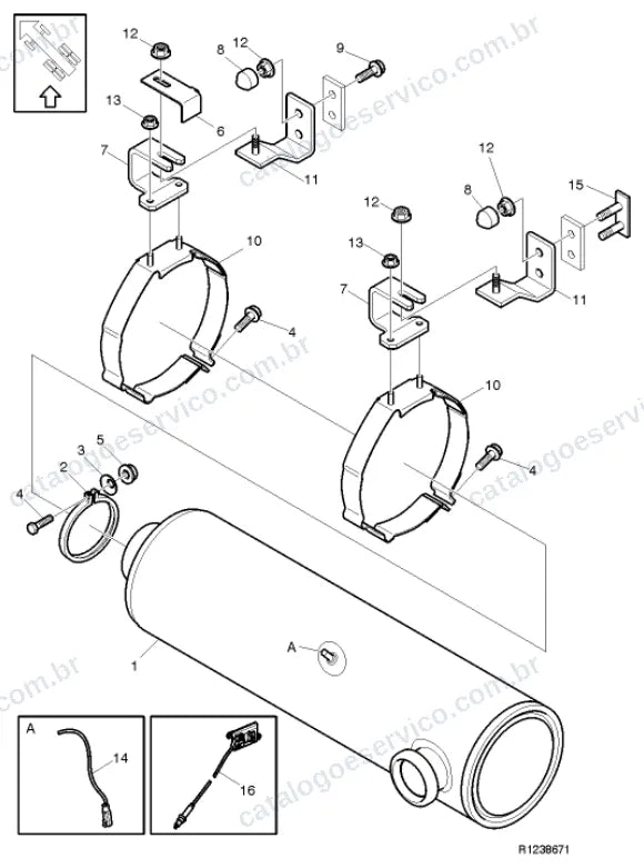 Vista explodida – motor com suporte ou coxim e equipamento – Catálogo de Peças Volvo FL 260