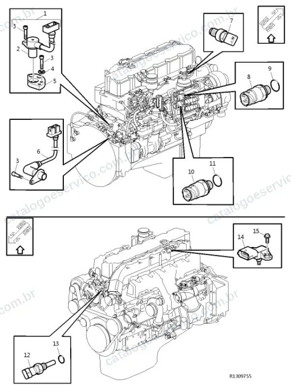 Vista explodida – motor com suporte ou coxim e equipamento – Catálogo de Peças Volvo FL 420