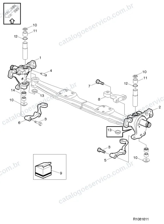 Vista explodida – suspensão das rodas e direção – Catálogo de Peças Volvo FL 420
