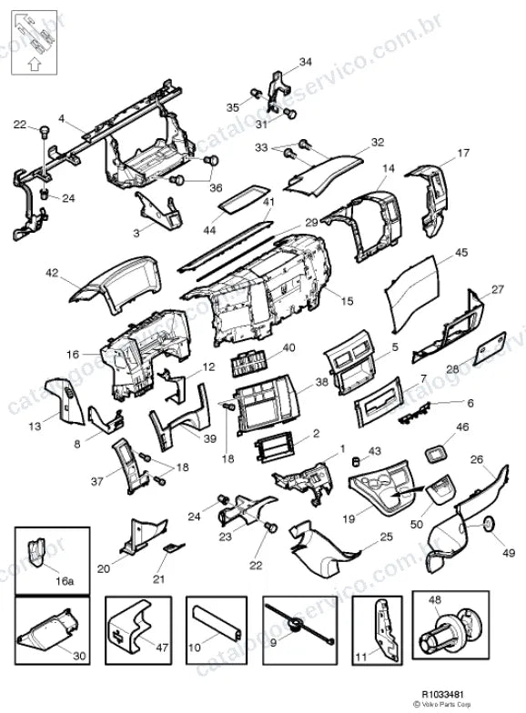 Vista explodida – carroceria, cabina e interior – Catálogo de Peças Volvo FL 420