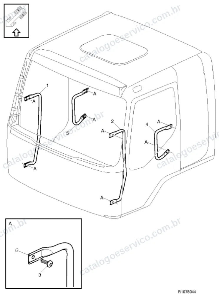 Vista explodida – carroceria, cabina e interior – Catálogo de Peças Volvo FL3 280