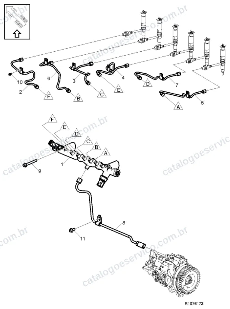 Vista explodida – motor com suporte ou coxim e equipamento – Catálogo de Peças Volvo FL8 42R (FL3)