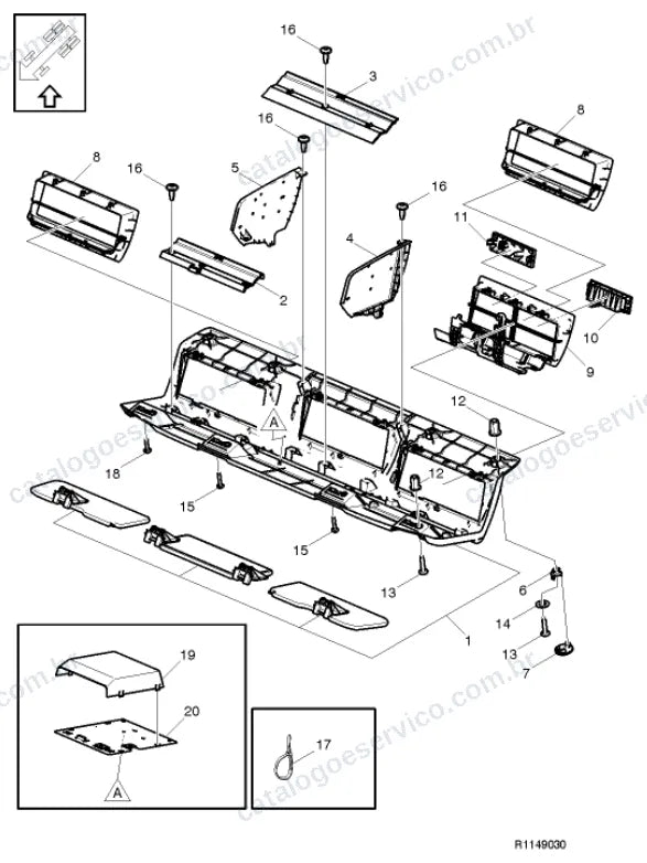 Vista explodida – carroceria, cabina e interior – Catálogo de Peças Volvo FL8 42R (FL3)