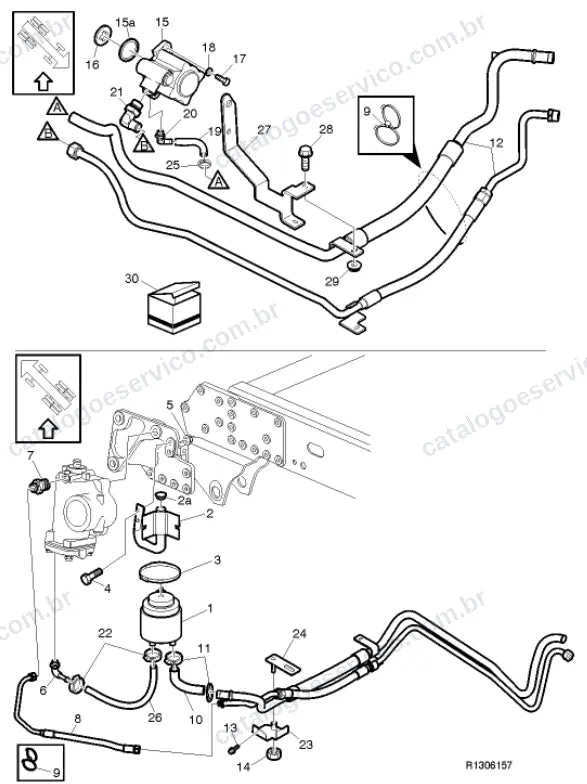 Vista explodida – suspensão das rodas e direção – Catálogo de Peças Volvo FLH7 42D