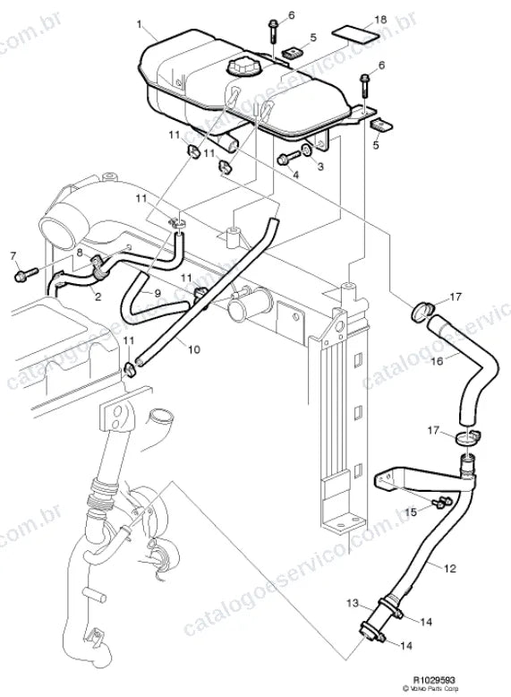 Vista explodida – motor com suporte ou coxim e equipamento – Catálogo de Peças Volvo FM 330
