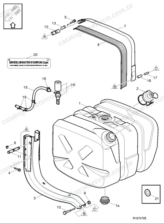 Vista explodida – motor com suporte ou coxim e equipamento – Catálogo de Peças Volvo FM 480