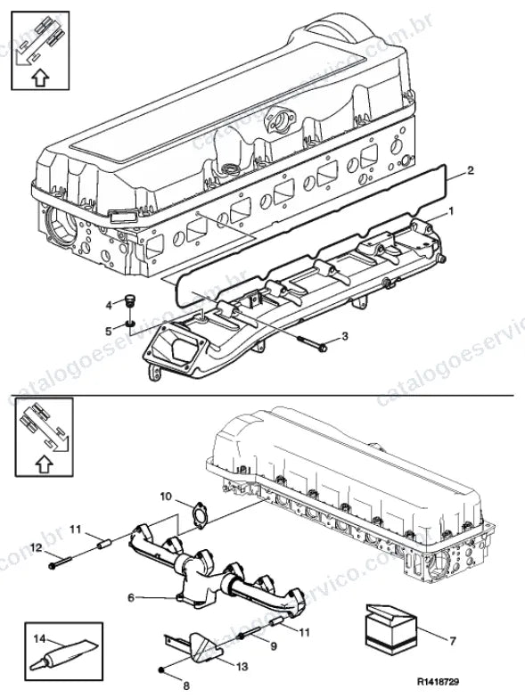Vista explodida – motor com suporte ou coxim e equipamento – Catálogo de Peças Volvo FM11 44T