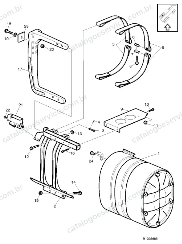Vista explodida – motor com suporte ou coxim e equipamento – Catálogo de Peças Volvo FM11 62R