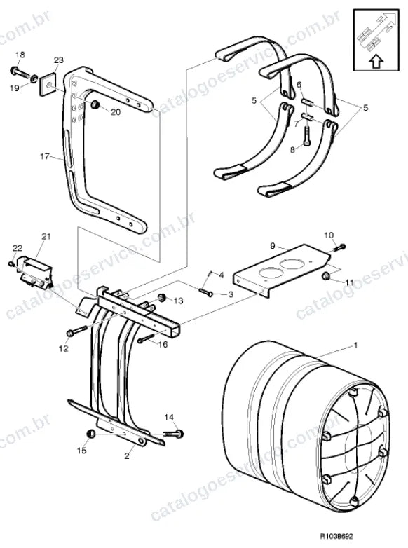 Vista explodida – motor com suporte ou coxim e equipamento – Catálogo de Peças Volvo FM11 66R