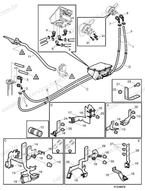 Vista explodida – motor com suporte ou coxim e equipamento – Catálogo de Peças Volvo FM11104R