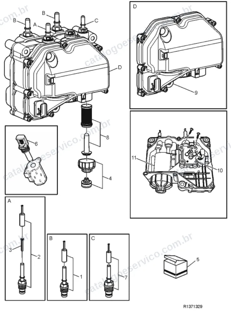 Vista explodida – motor com suporte ou coxim e equipamento – Catálogo de Peças Volvo FM11A42R (FM4)
