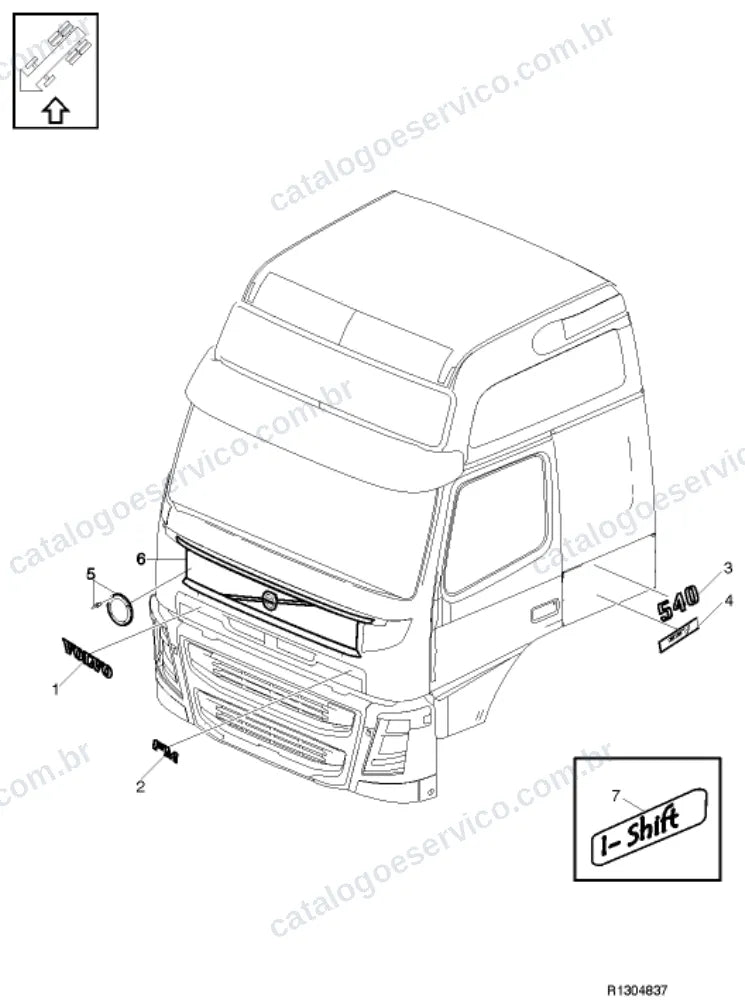 Vista explodida – carroceria, cabina e interior – Catálogo de Peças Volvo FM11A44T (FM4)