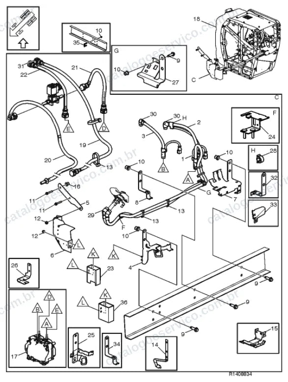 Vista explodida – motor com suporte ou coxim e equipamento – Catálogo de Peças Volvo FM11A64R (FM4)