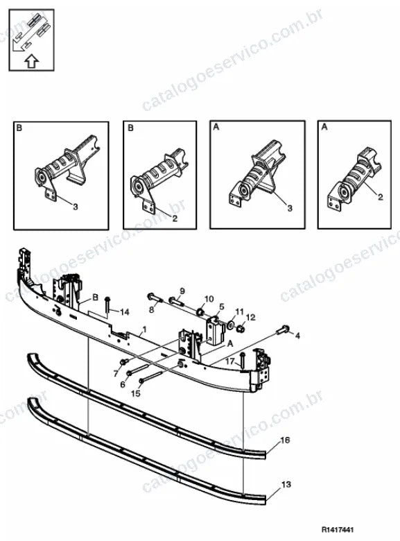Vista explodida – quadro, molas, amortecedores e rodas – Catálogo de Peças Volvo FM11A64R (FM4)