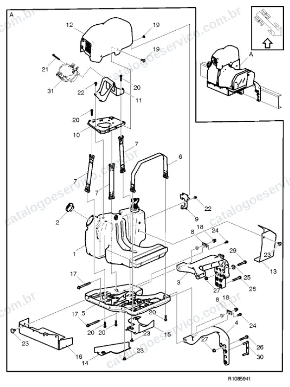 Vista explodida – motor com suporte ou coxim e equipamento – Catálogo de Peças Volvo FM11A64T (FM4)
