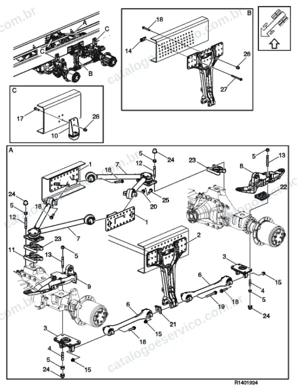 Vista explodida – suspensão das rodas e direção – Catálogo de Peças Volvo FM11A66R (FM4)