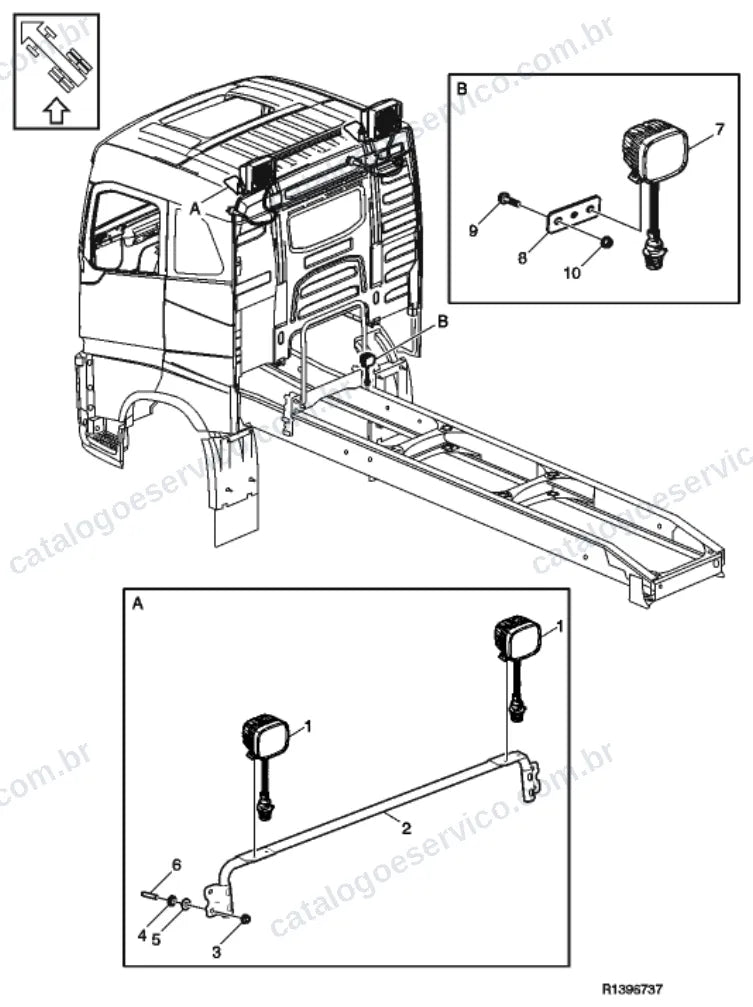Vista explodida – sistema elétrico, iluminação e instrumentos – Catálogo de Peças Volvo FM11B42T (FM4)