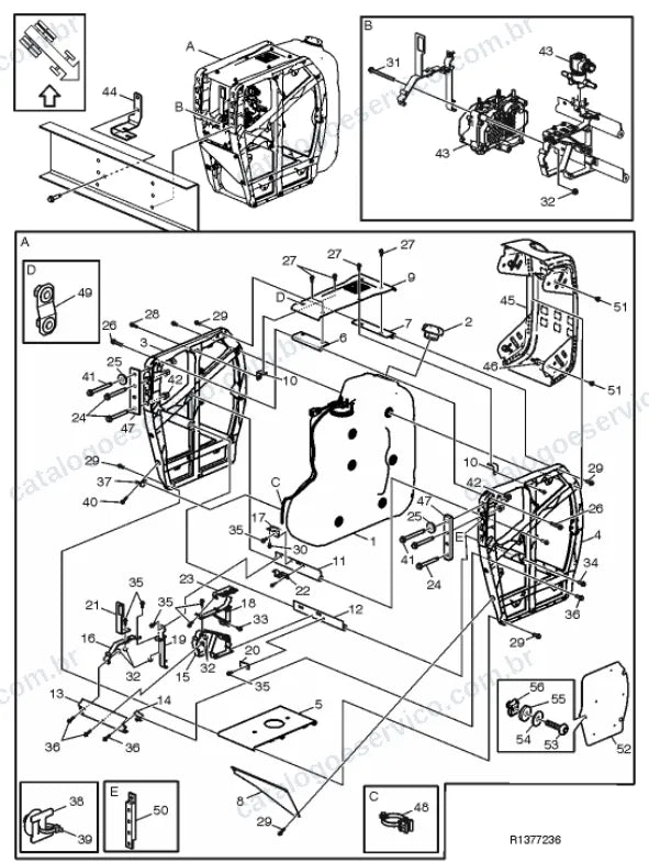 Vista explodida – motor com suporte ou coxim e equipamento – Catálogo de Peças Volvo FM11B64R (FM4)