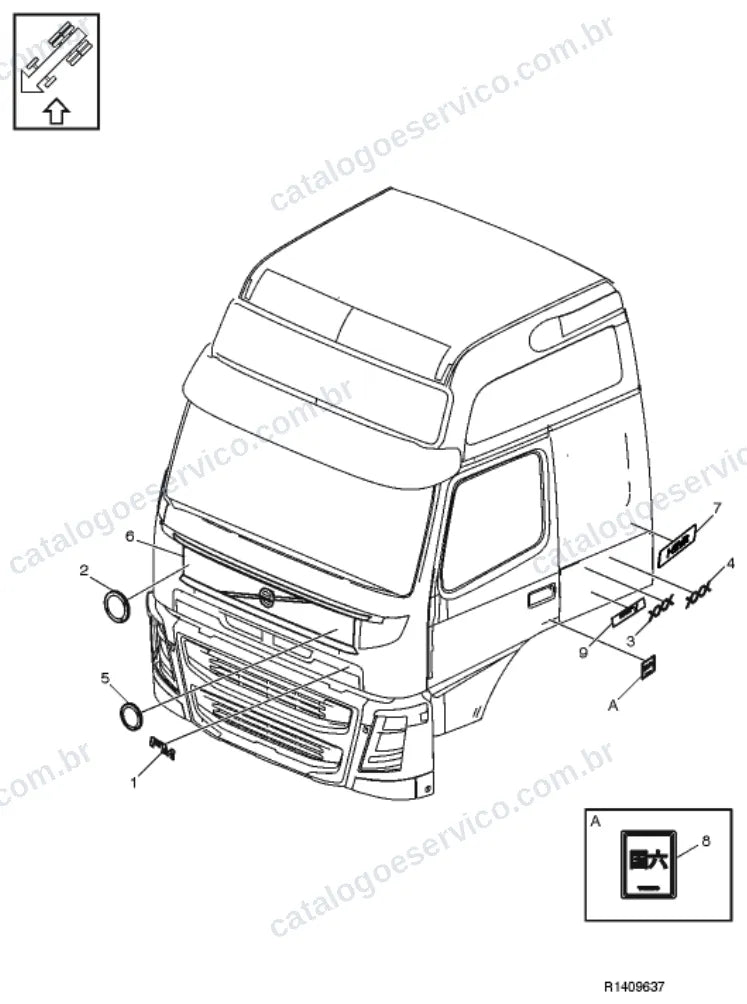 Vista explodida – carroceria, cabina e interior – Catálogo de Peças Volvo FM11B64R (FM4)