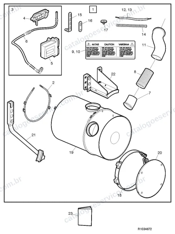 Vista explodida – motor com suporte ou coxim e equipamento – Catálogo de Peças Volvo FM13 64R